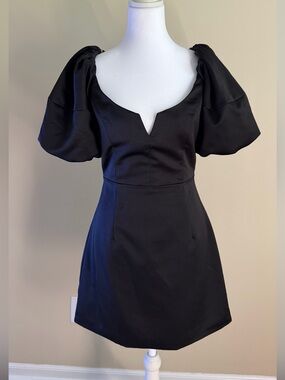 DO+BE Black Puff-Sleeve V-Notch Mini Dress